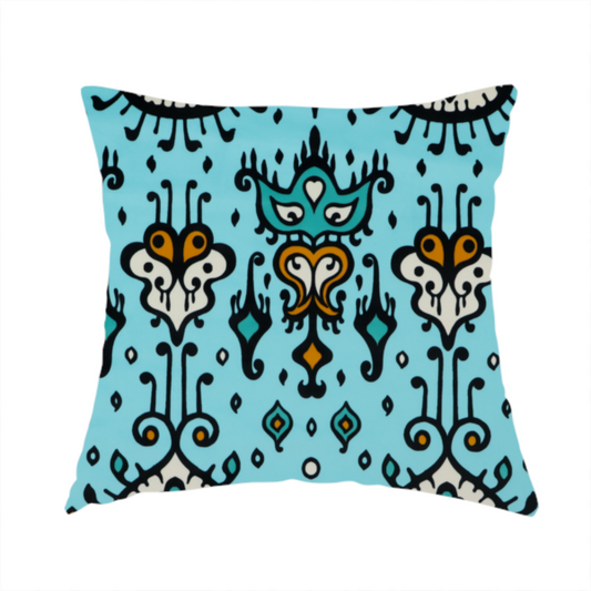 The fabric used to create this handmade cushion is a symmetrical folk-art pattern featuring large ornamental medallions and vertical tribal motifs with feathered, ikat-inspired edges on a solid, light-toned background.