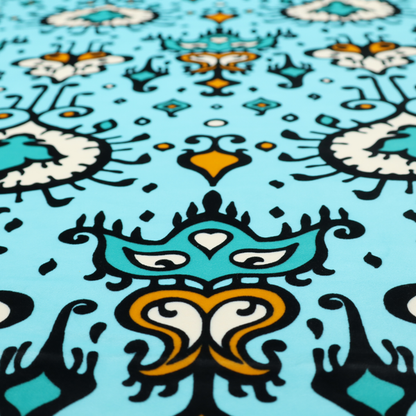 A symmetrical folk-art pattern featuring large ornamental medallions and vertical tribal motifs with feathered, ikat-inspired edges on a solid, light-toned background.