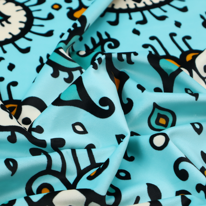 A symmetrical folk-art pattern featuring large ornamental medallions and vertical tribal motifs with feathered, ikat-inspired edges on a solid, light-toned background.