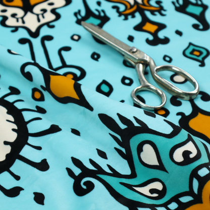 A symmetrical folk-art pattern featuring large ornamental medallions and vertical tribal motifs with feathered, ikat-inspired edges on a solid, light-toned background.