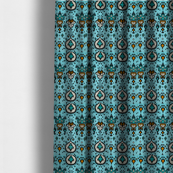 The fabric used to create these made-to-measure curtains is a symmetrical folk-art pattern featuring large ornamental medallions and vertical tribal motifs with feathered, ikat-inspired edges on a solid, light-toned background.