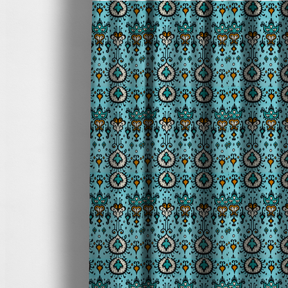 The fabric used to create these made-to-measure curtains is a symmetrical folk-art pattern featuring large ornamental medallions and vertical tribal motifs with feathered, ikat-inspired edges on a solid, light-toned background.