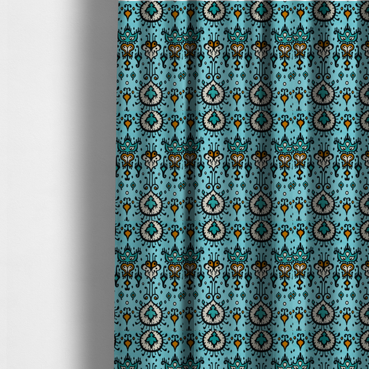 The fabric used to create these made-to-measure curtains is a symmetrical folk-art pattern featuring large ornamental medallions and vertical tribal motifs with feathered, ikat-inspired edges on a solid, light-toned background.