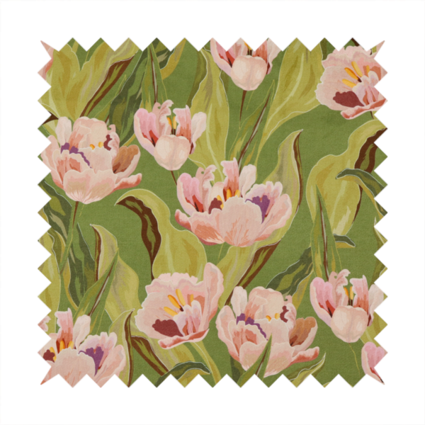 A lush, large-scale botanical pattern featuring soft-textured tulips and flowing green foliage in a romantic, painterly style across a solid green background.