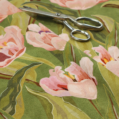 A lush, large-scale botanical pattern featuring soft-textured tulips and flowing green foliage in a romantic, painterly style across a solid green background.