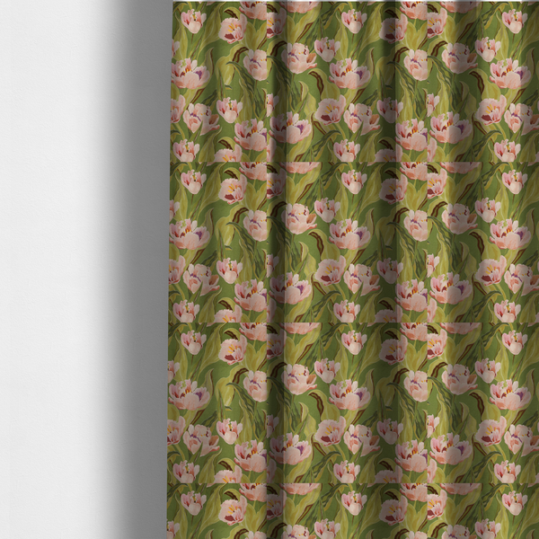 The fabric used to create these made-to-measure curtains is a lush, large-scale botanical pattern featuring soft-textured tulips and flowing green foliage in a romantic, painterly style across a solid green background.