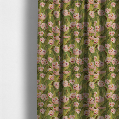 The fabric used to create these made-to-measure curtains is a lush, large-scale botanical pattern featuring soft-textured tulips and flowing green foliage in a romantic, painterly style across a solid green background.