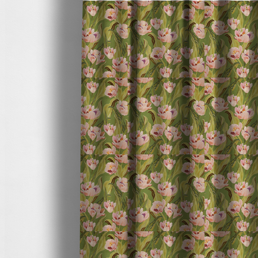 The fabric used to create these made-to-measure curtains is a lush, large-scale botanical pattern featuring soft-textured tulips and flowing green foliage in a romantic, painterly style across a solid green background.