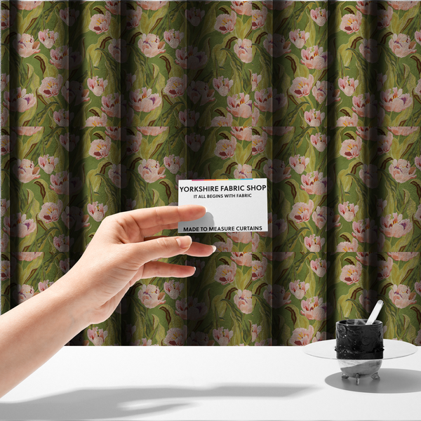 The fabric used to create these made-to-measure curtains is a lush, large-scale botanical pattern featuring soft-textured tulips and flowing green foliage in a romantic, painterly style across a solid green background.