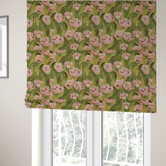The fabric used to use these Roman blinds is a lush, large-scale botanical pattern featuring soft-textured tulips and flowing green foliage in a romantic, painterly style across a solid green background.
