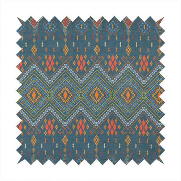 An intricate geometric fabric featuring a central band of vibrant diamond motifs and tiered horizontal borders of tribal-style symbols and linework on a solid, deep-toned background.
