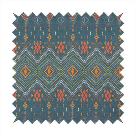 An intricate geometric fabric featuring a central band of vibrant diamond motifs and tiered horizontal borders of tribal-style symbols and linework on a solid, deep-toned background.