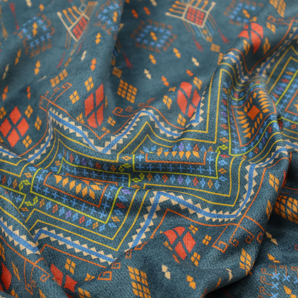 An intricate geometric fabric featuring a central band of vibrant diamond motifs and tiered horizontal borders of tribal-style symbols and linework on a solid, deep-toned background.