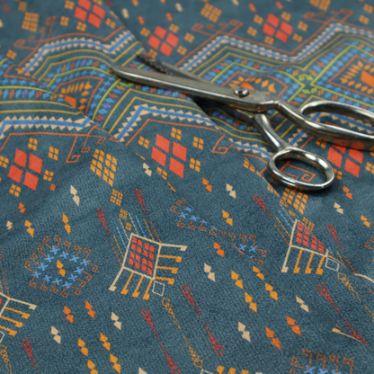 An intricate geometric fabric featuring a central band of vibrant diamond motifs and tiered horizontal borders of tribal-style symbols and linework on a solid, deep-toned background.