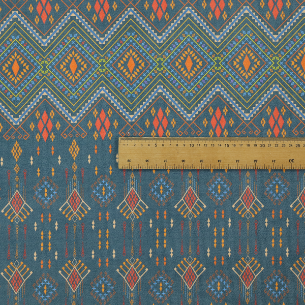 An intricate geometric fabric featuring a central band of vibrant diamond motifs and tiered horizontal borders of tribal-style symbols and linework on a solid, deep-toned background.