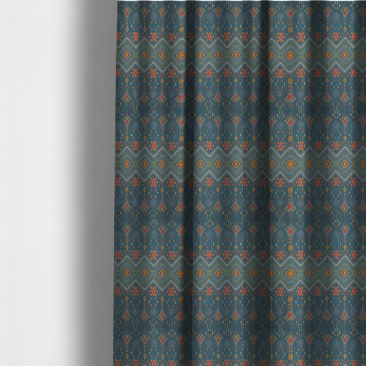 The fabric used to create these made-to-measure curtains is an intricate geometric fabric featuring a central band of vibrant diamond motifs and tiered horizontal borders of tribal-style symbols and linework on a solid, deep-toned background.