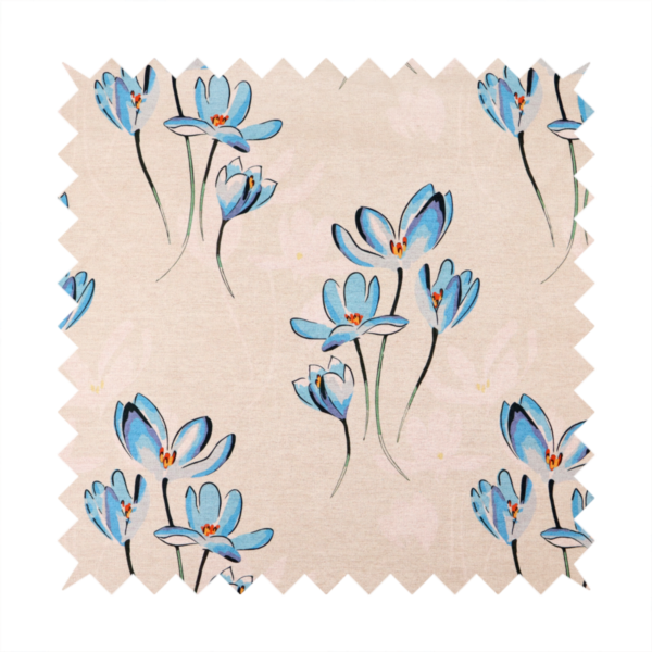 Minimalist botanical pattern featuring delicate clusters of light-coloured flowers with thin, graceful stems, spaced evenly across a neutral, linen-textured background.