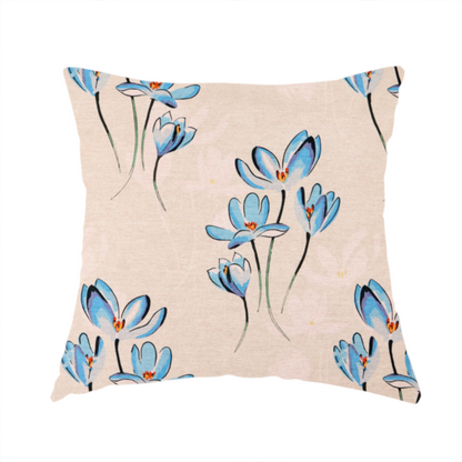 The fabric used to create this handmade cushion is a minimalist botanical pattern featuring delicate clusters of light-coloured flowers with thin, graceful stems, spaced evenly across a neutral, linen-textured background.