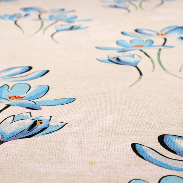 Minimalist botanical pattern featuring delicate clusters of light-coloured flowers with thin, graceful stems, spaced evenly across a neutral, linen-textured background.