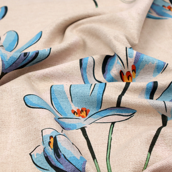 Minimalist botanical pattern featuring delicate clusters of light-coloured flowers with thin, graceful stems, spaced evenly across a neutral, linen-textured background.