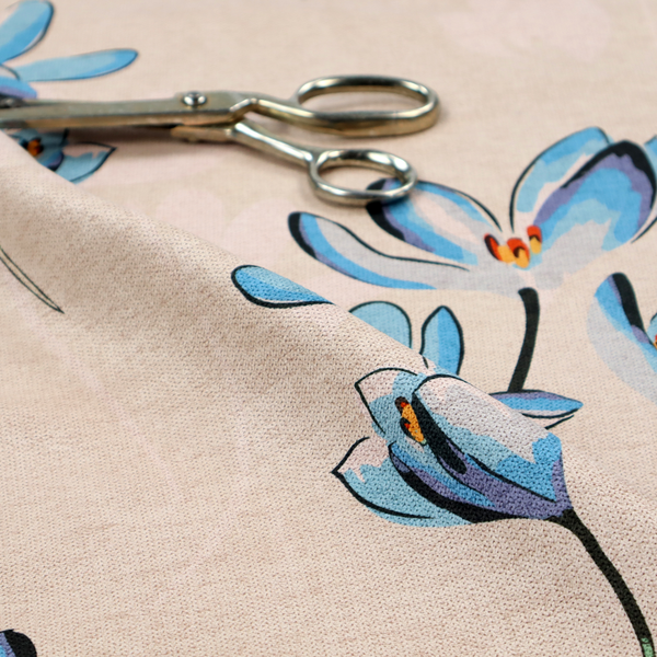 Minimalist botanical pattern featuring delicate clusters of light-coloured flowers with thin, graceful stems, spaced evenly across a neutral, linen-textured background.