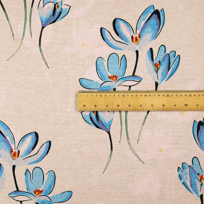 Minimalist botanical pattern featuring delicate clusters of light-coloured flowers with thin, graceful stems, spaced evenly across a neutral, linen-textured background.