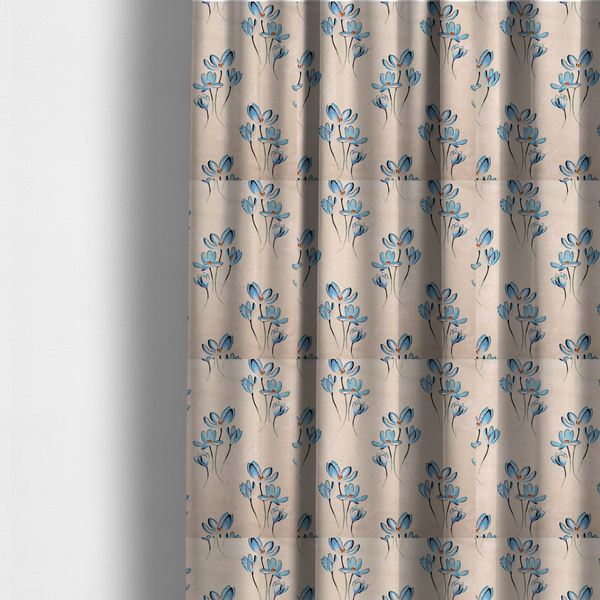 The fabric used to create these made-to-measure curtains is a minimalist botanical pattern featuring delicate clusters of light-coloured flowers with thin, graceful stems, spaced evenly across a neutral, linen-textured background.