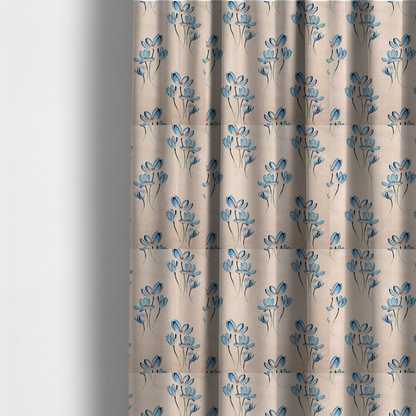 The fabric used to create these made-to-measure curtains is a minimalist botanical pattern featuring delicate clusters of light-coloured flowers with thin, graceful stems, spaced evenly across a neutral, linen-textured background.