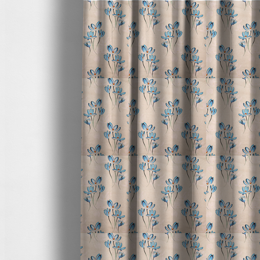 The fabric used to create these made-to-measure curtains is a minimalist botanical pattern featuring delicate clusters of light-coloured flowers with thin, graceful stems, spaced evenly across a neutral, linen-textured background.