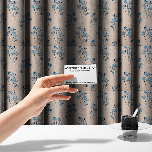 The fabric used to create these made-to-measure curtains is a minimalist botanical pattern featuring delicate clusters of light-coloured flowers with thin, graceful stems, spaced evenly across a neutral, linen-textured background.