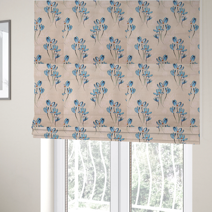 The fabric used to create these Roman blinds is a minimalist botanical pattern featuring delicate clusters of light-coloured flowers with thin, graceful stems, spaced evenly across a neutral, linen-textured background.