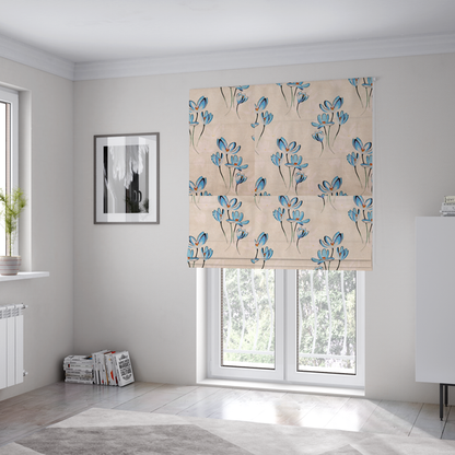 The fabric used to create these Roman blinds is a minimalist botanical pattern featuring delicate clusters of light-coloured flowers with thin, graceful stems, spaced evenly across a neutral, linen-textured background.