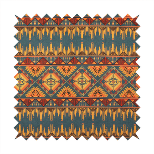 A detailed geometric fabric featuring tiered horizontal bands of intricate diamond motifs, zig-zag patterns, and sharp tribal-style linework in warm, sun-drenched tones.