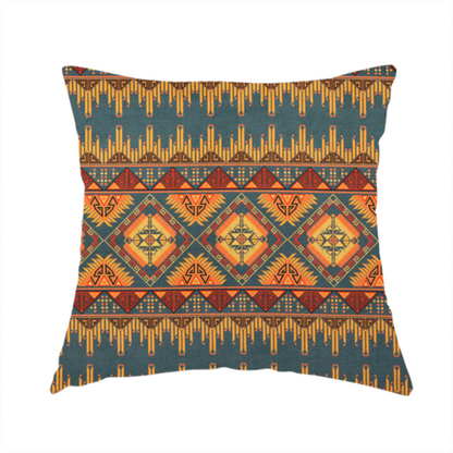 The fabric used to create this handmade cushion is a detailed geometric fabric featuring tiered horizontal bands of intricate diamond motifs, zig-zag patterns, and sharp tribal-style linework in warm, sun-drenched tones.
