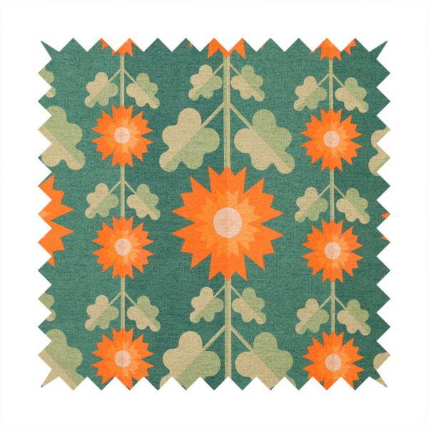This fabric features a retro-inspired geometric floral pattern with a distinct mid-century modern aesthetic. The design is structured in vertical columns against a textured, deep teal-green background.