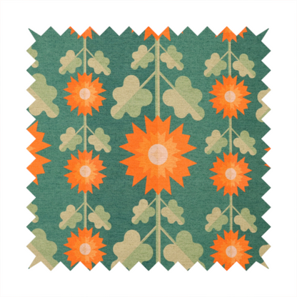 This fabric features a retro-inspired geometric floral pattern with a distinct mid-century modern aesthetic. The design is structured in vertical columns against a textured, deep teal-green background.