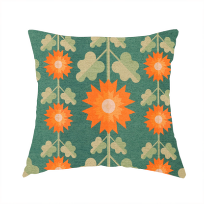 The fabric used to create this handmade cushion features a retro-inspired geometric floral pattern with a distinct mid-century modern aesthetic. The design is structured in vertical columns against a textured, deep teal-green background.