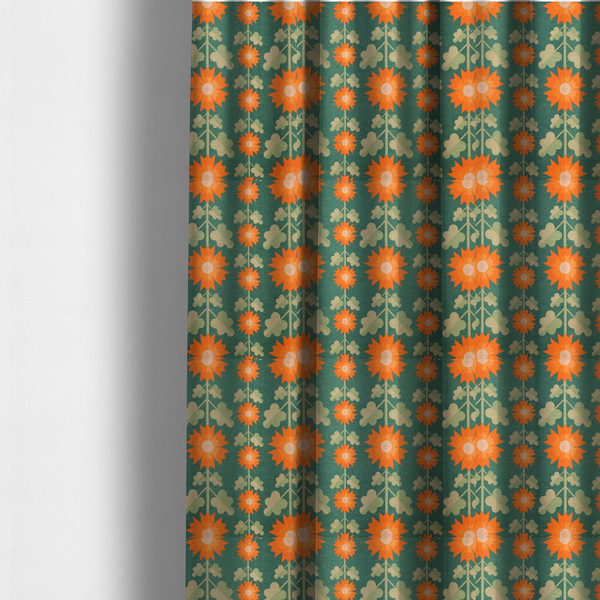 The fabric used to create these made-to-measure curtains features a retro-inspired geometric floral pattern with a distinct mid-century modern aesthetic. The design is structured in vertical columns against a textured, deep teal-green background.