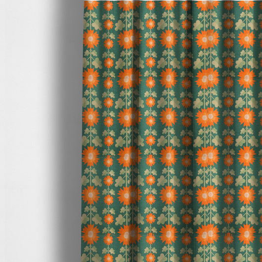 The fabric used to create these made-to-measure curtains features a retro-inspired geometric floral pattern with a distinct mid-century modern aesthetic. The design is structured in vertical columns against a textured, deep teal-green background.