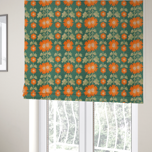 The fabric used to create these Roman blinds features a retro-inspired geometric floral pattern with a distinct mid-century modern aesthetic. The design is structured in vertical columns against a textured, deep teal-green background.
