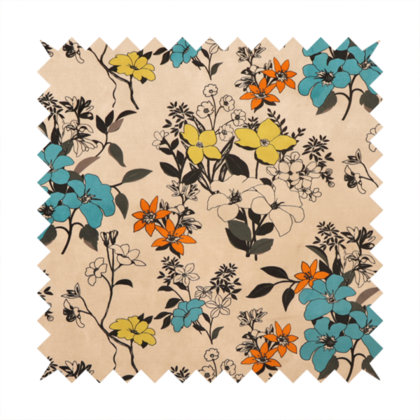 This fabric features a retro-vintage floral pattern with an eclectic, hand-drawn feel on a warm cream or beige background.