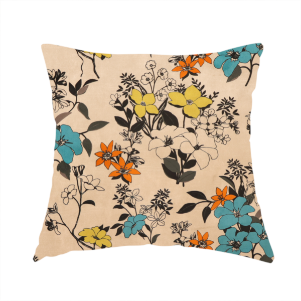 The fabric used to create this handmade cushion features a retro-vintage floral pattern with an eclectic, hand-drawn feel on a warm cream or beige background.