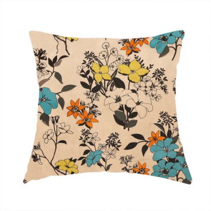 The fabric used to create this handmade cushion features a retro-vintage floral pattern with an eclectic, hand-drawn feel on a warm cream or beige background.