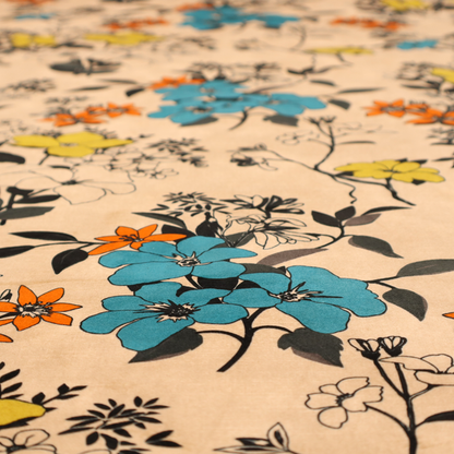 This fabric features a retro-vintage floral pattern with an eclectic, hand-drawn feel on a warm cream or beige background.