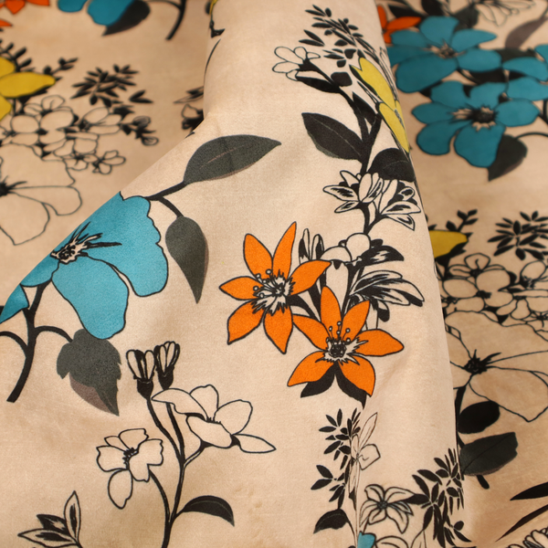 This fabric features a retro-vintage floral pattern with an eclectic, hand-drawn feel on a warm cream or beige background.