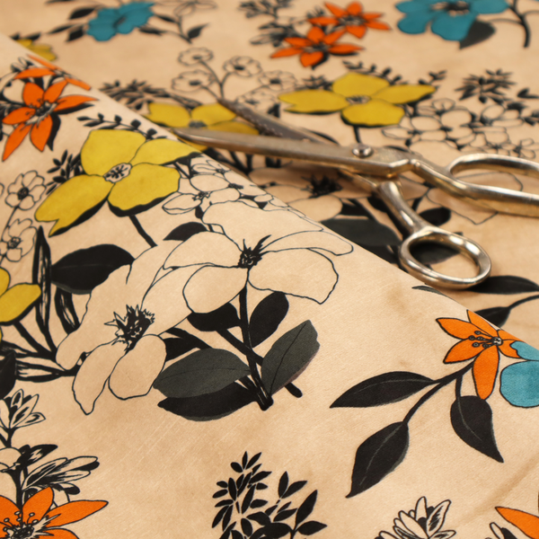 This fabric features a retro-vintage floral pattern with an eclectic, hand-drawn feel on a warm cream or beige background.