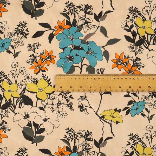 This fabric features a retro-vintage floral pattern with an eclectic, hand-drawn feel on a warm cream or beige background.