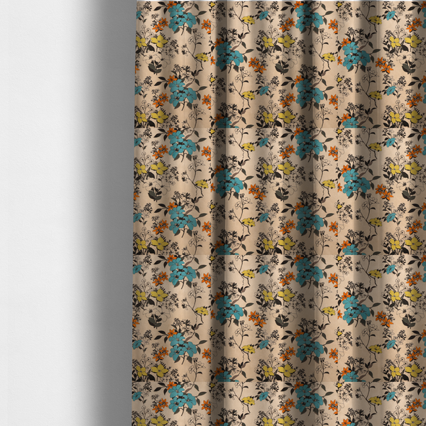 The fabric used to create these made-to-measure curtains features a retro-vintage floral pattern with an eclectic, hand-drawn feel on a warm cream or beige background.