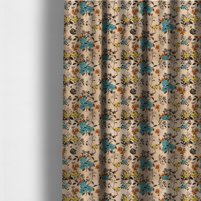 The fabric used to create these made-to-measure curtains features a retro-vintage floral pattern with an eclectic, hand-drawn feel on a warm cream or beige background.