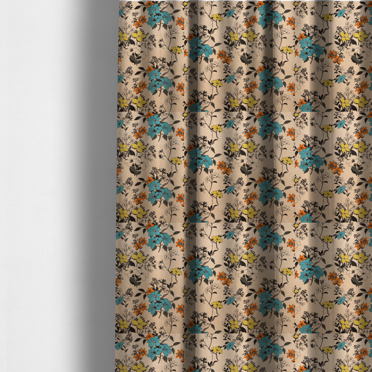 The fabric used to create these made-to-measure curtains features a retro-vintage floral pattern with an eclectic, hand-drawn feel on a warm cream or beige background.